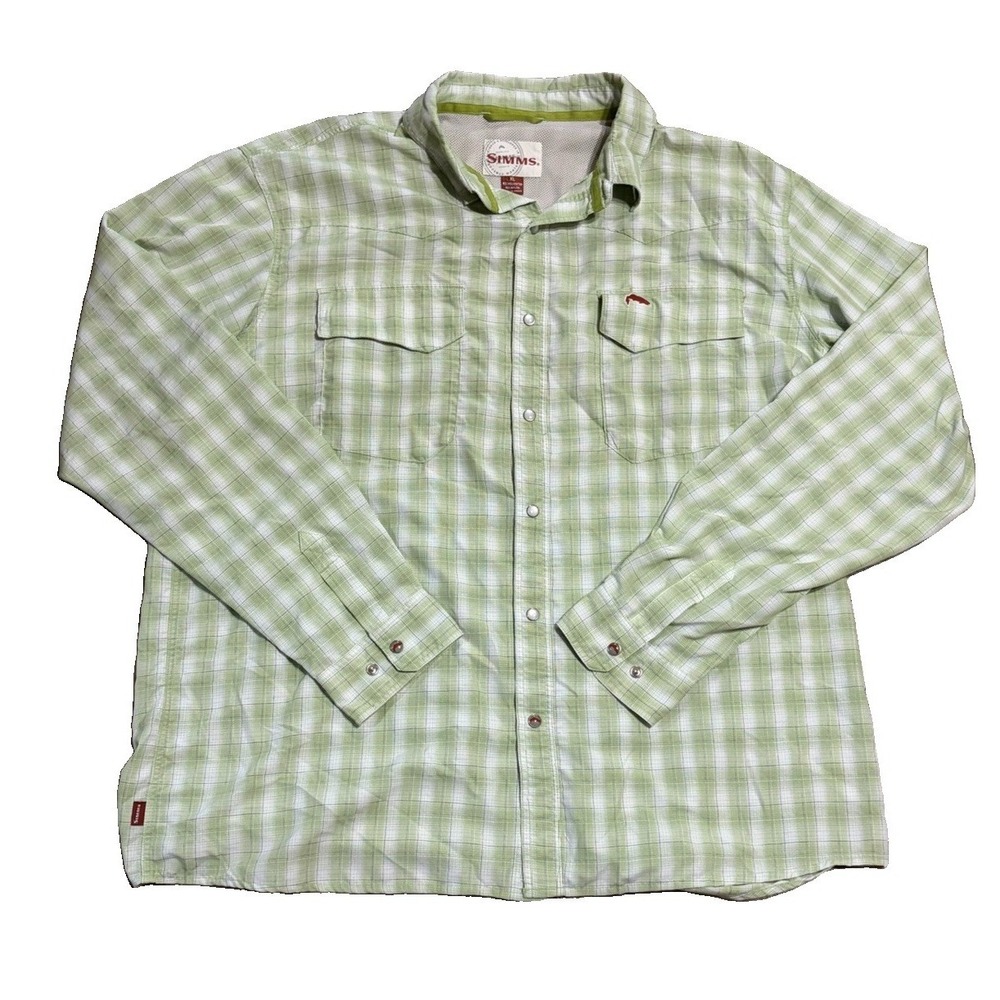 Simms Mens XL Pearl Snap Vented Plaid Fishing Shirt Blue Ribbon Flies Montana